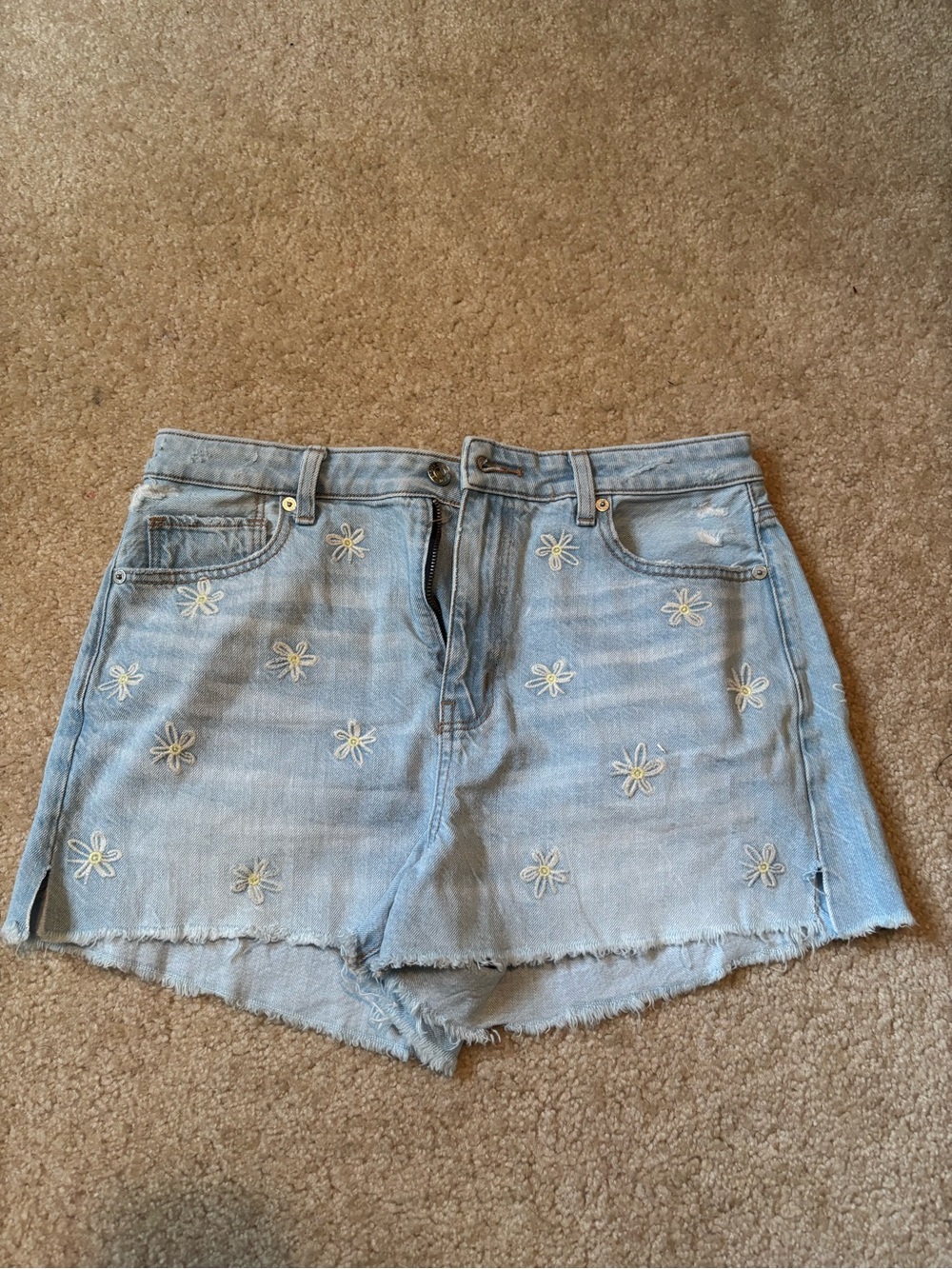 AE Light Blue Daisy Embroidered Denim Shorts